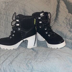 Sorel Brex Heel Women's Black and White Lace Up Boots